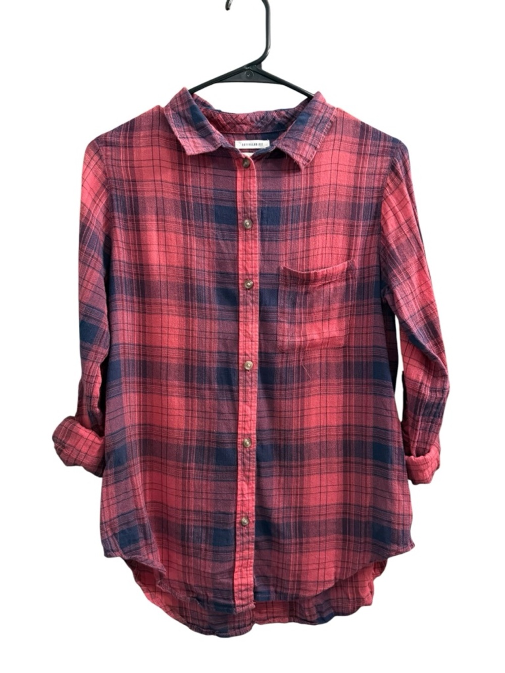 American Eagle Outfitters Women’s Light Red/Pink& Navy Plaid Boyfriend Fit Shirt